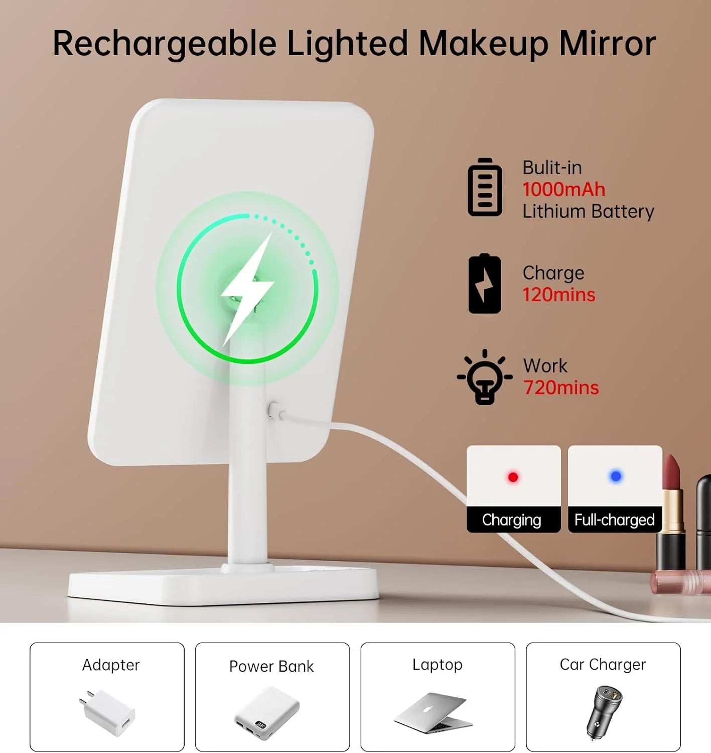 Vanity Mirror with Lights, Rechargeable 10X Magnification 3 Color Lighting Portable Tabletop Cosmetic Make up Mirror, 360° Rotation Led Light up Mirrors with Storage,White