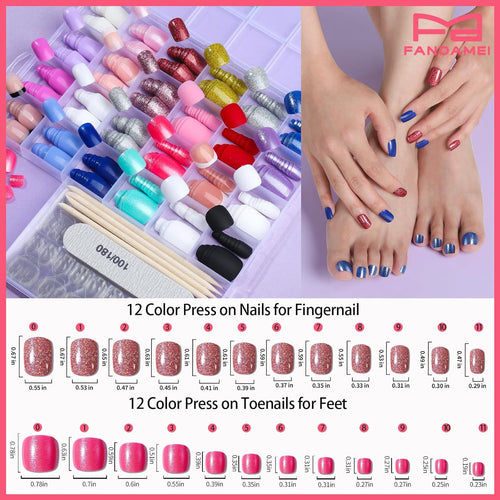 24 Color Press on Nails, 12 Color Press on Nails for Fingernail, 12 Color Press on Toenails for Feet, Press on Nails Short with Press on Toenails Short Kit. Natural Fit Lightweight Fake Nails