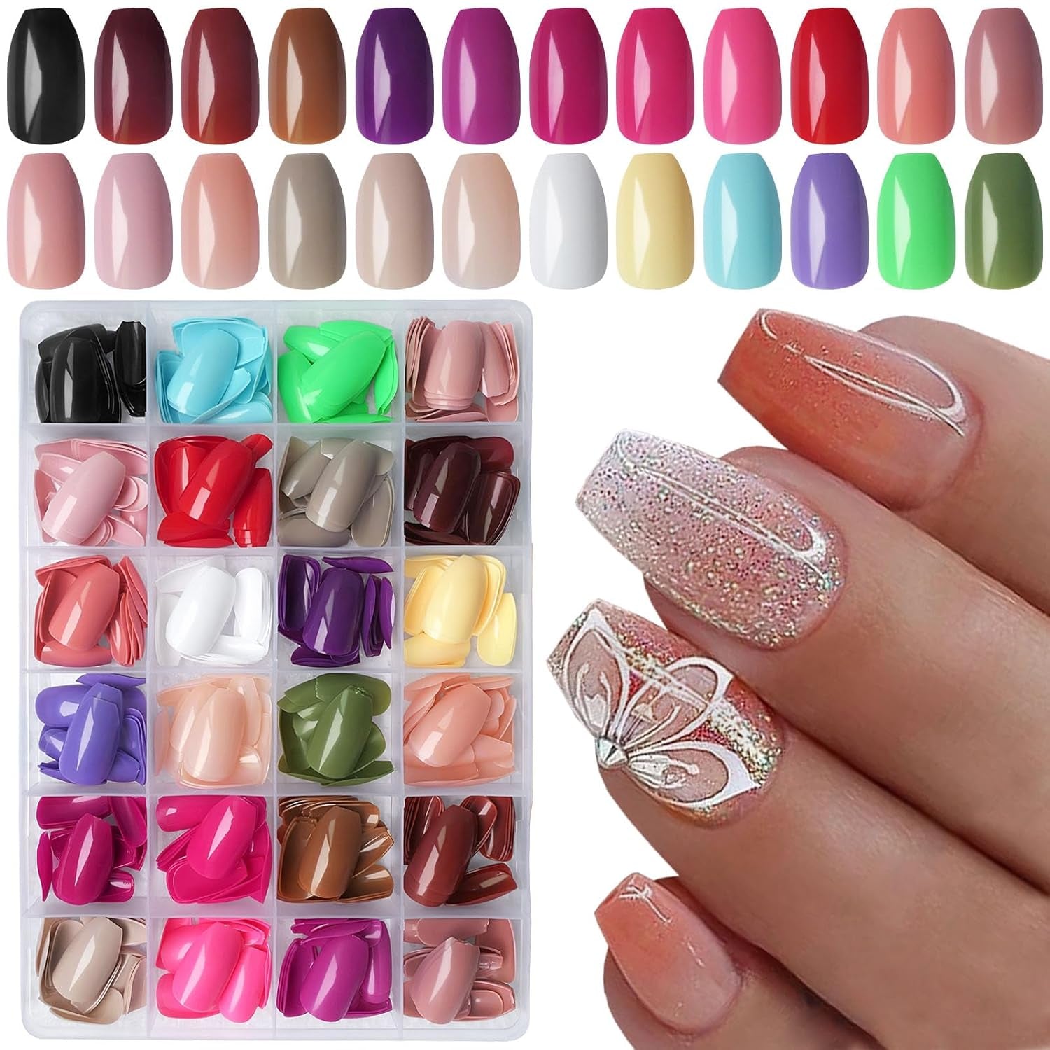 Loveoourhome 576Pc Coffin Press on Nails Short Fake Nails with Glue Tab, Short Acrylic Nails Press on Nail Coffin Glue on Nail Full Cover Ballerina Artificial False Fingernail for Women Girls