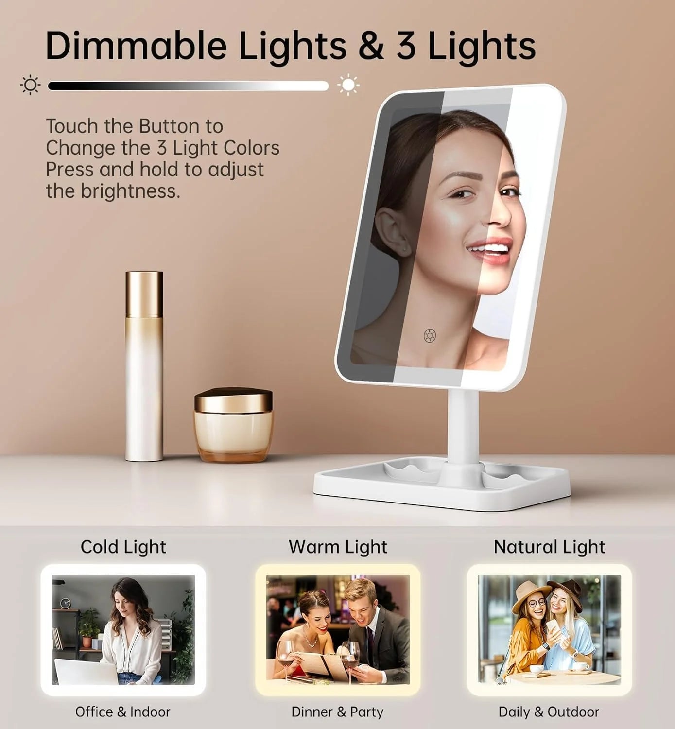 Vanity Mirror with Lights, Rechargeable 10X Magnification 3 Color Lighting Portable Tabletop Cosmetic Make up Mirror, 360° Rotation Led Light up Mirrors with Storage,White