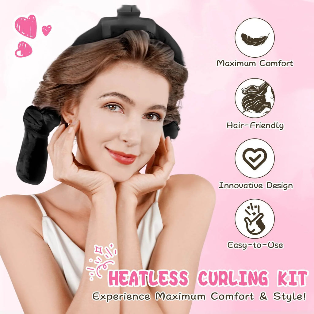 Professional Ribbon Hair Rollers, 5 Piece Set, Heatless Curling Set, Black
