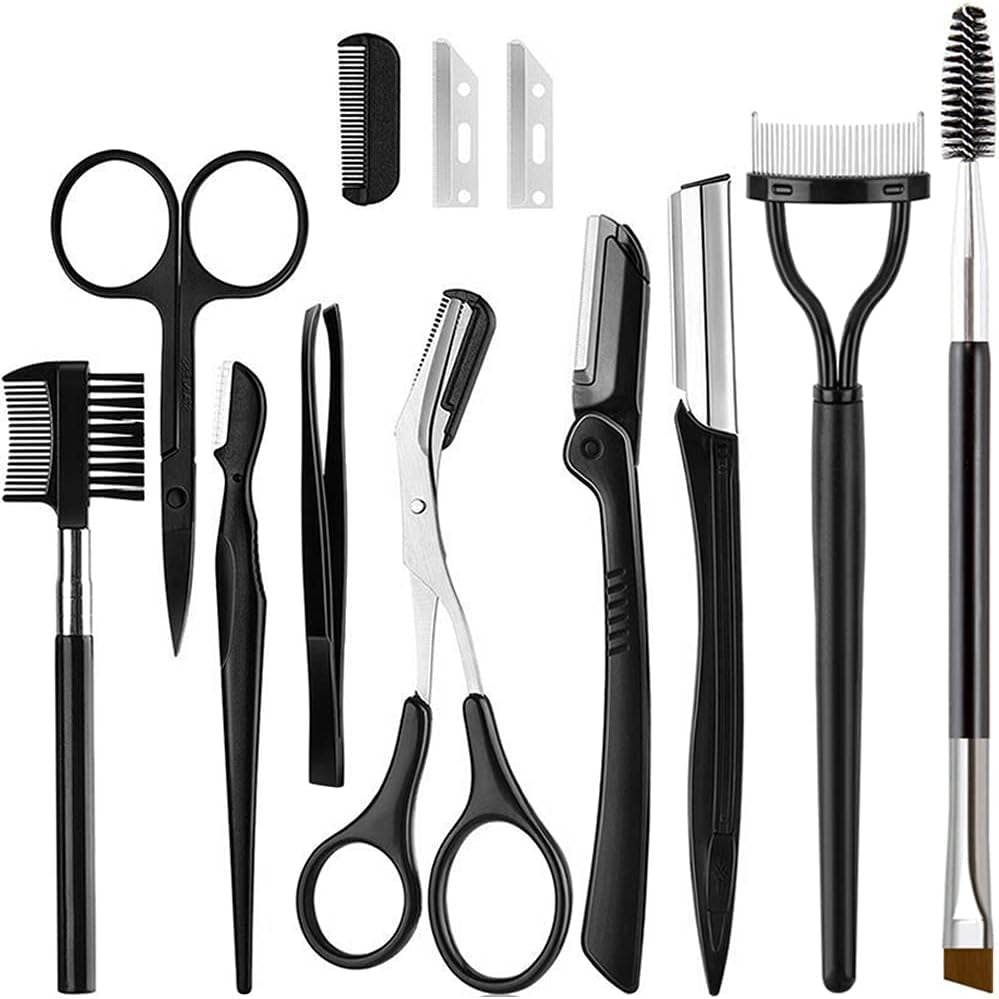 9PCS Eyebrow Trimmer Kit, Face Razors, Facial Trimmer Shaver, Eyelash Comb, Angled Brush, Grooming Scissors, Brow Tweezers for Women