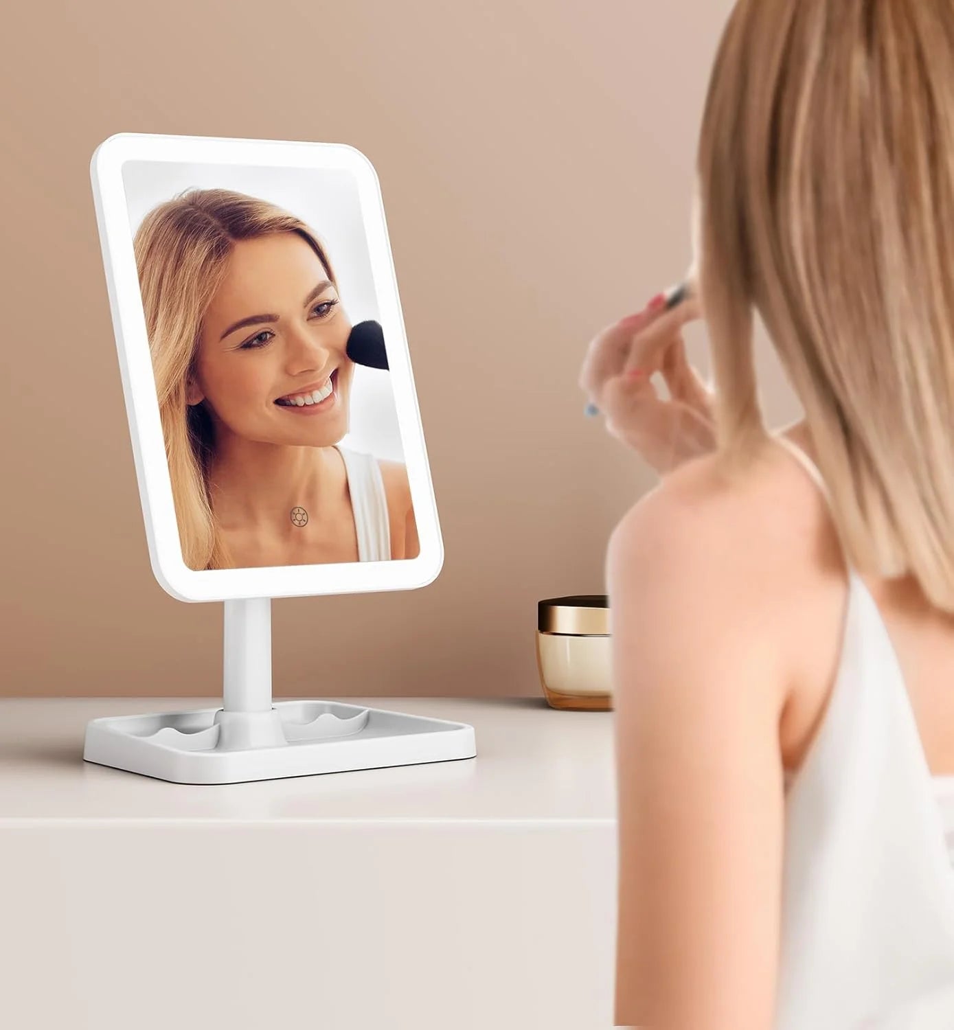 Vanity Mirror with Lights, Rechargeable 10X Magnification 3 Color Lighting Portable Tabletop Cosmetic Make up Mirror, 360° Rotation Led Light up Mirrors with Storage,White