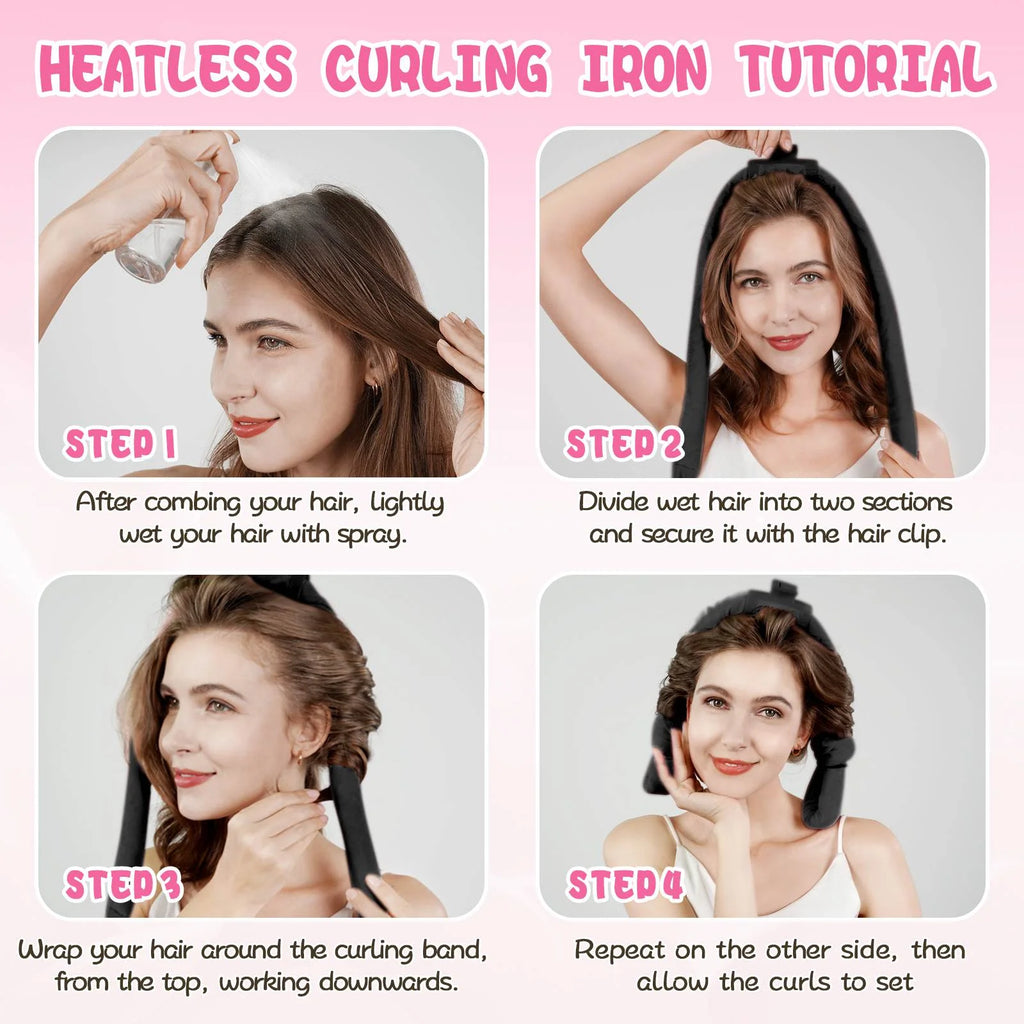 Professional Ribbon Hair Rollers, 5 Piece Set, Heatless Curling Set, Black