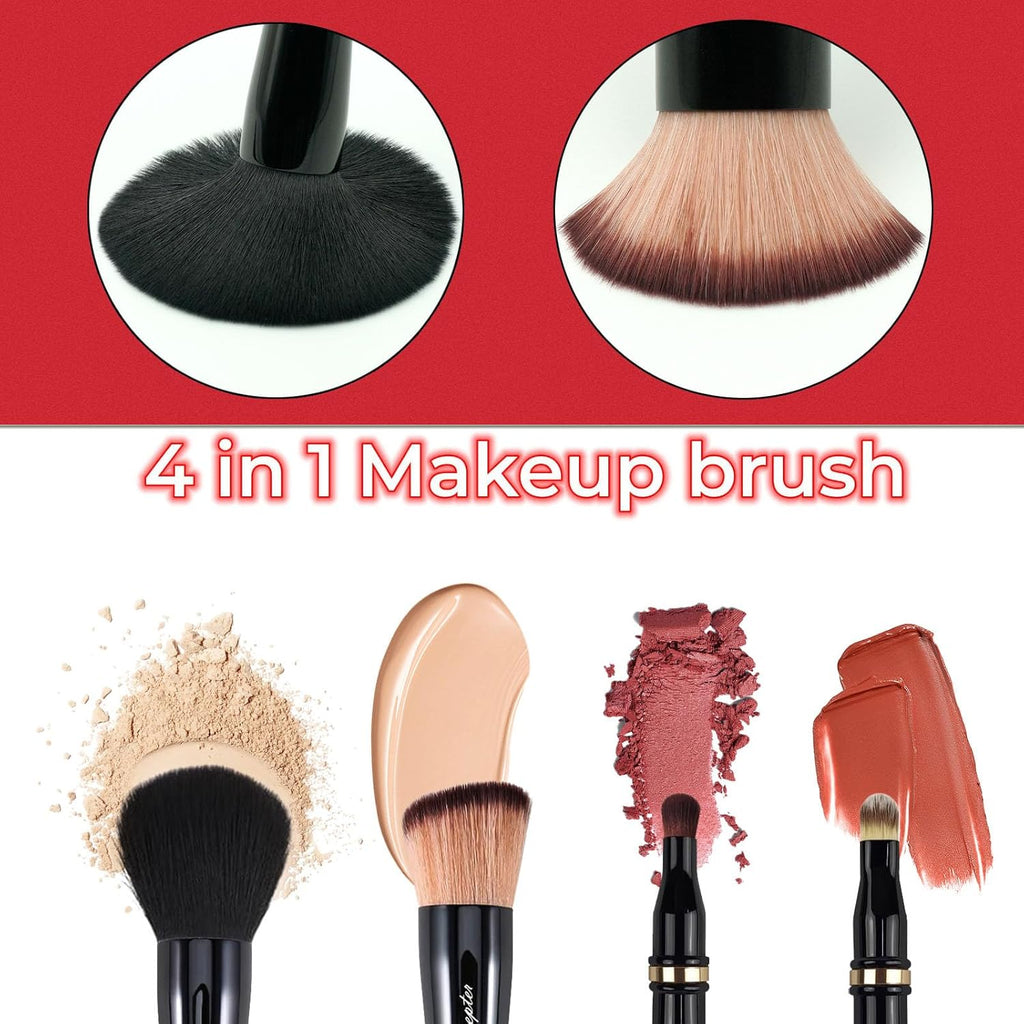 4 in 1 Professional Liquid Foundation Makeup Brush Set,Travel Makeup Set with Case, Powder Foundation, Concealer,Eyeshadow Brush, Dual Ended Makeup Brush for Liquid,Cream,Powder
