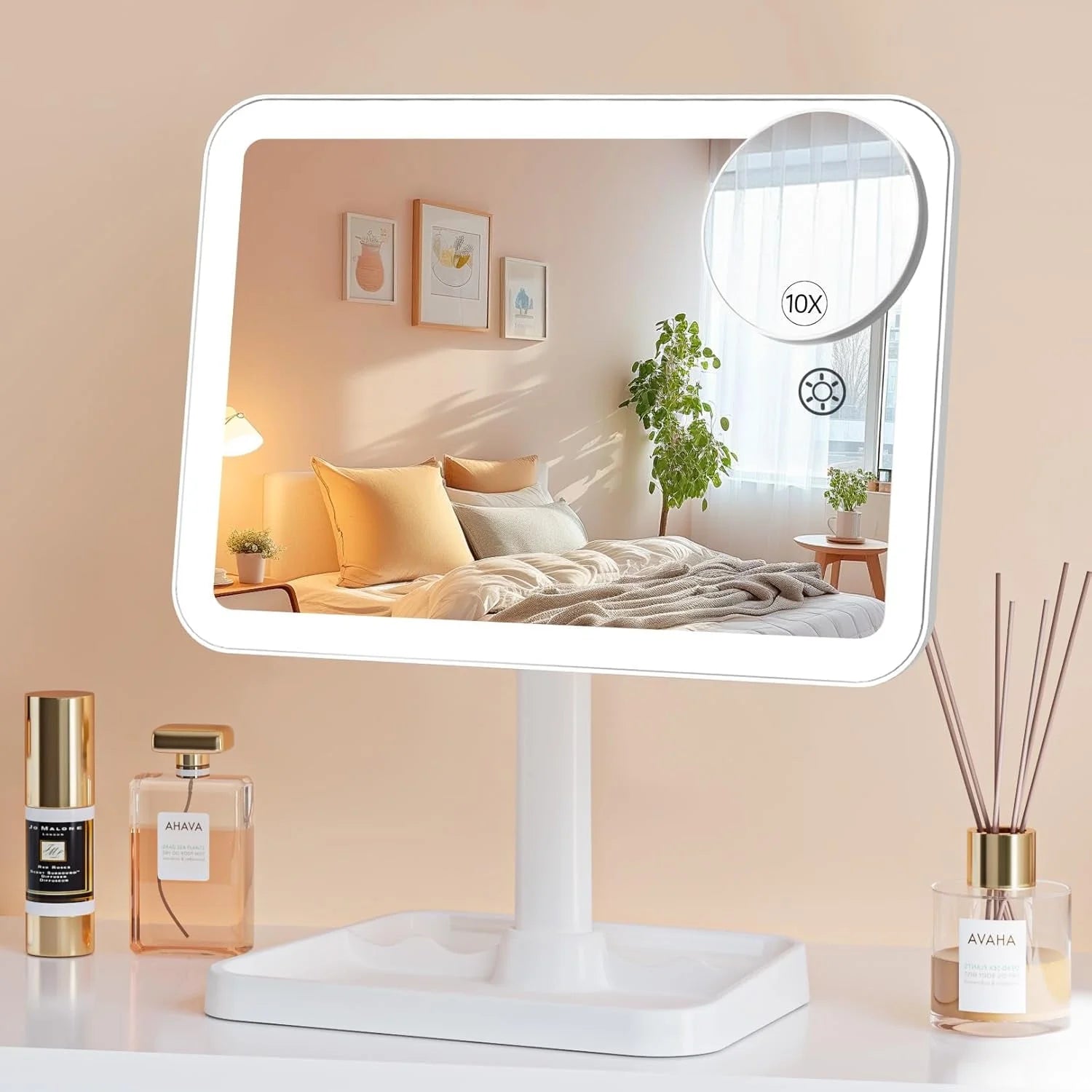 Vanity Mirror with Lights, Rechargeable 10X Magnification 3 Color Lighting Portable Tabletop Cosmetic Make up Mirror, 360° Rotation Led Light up Mirrors with Storage,White
