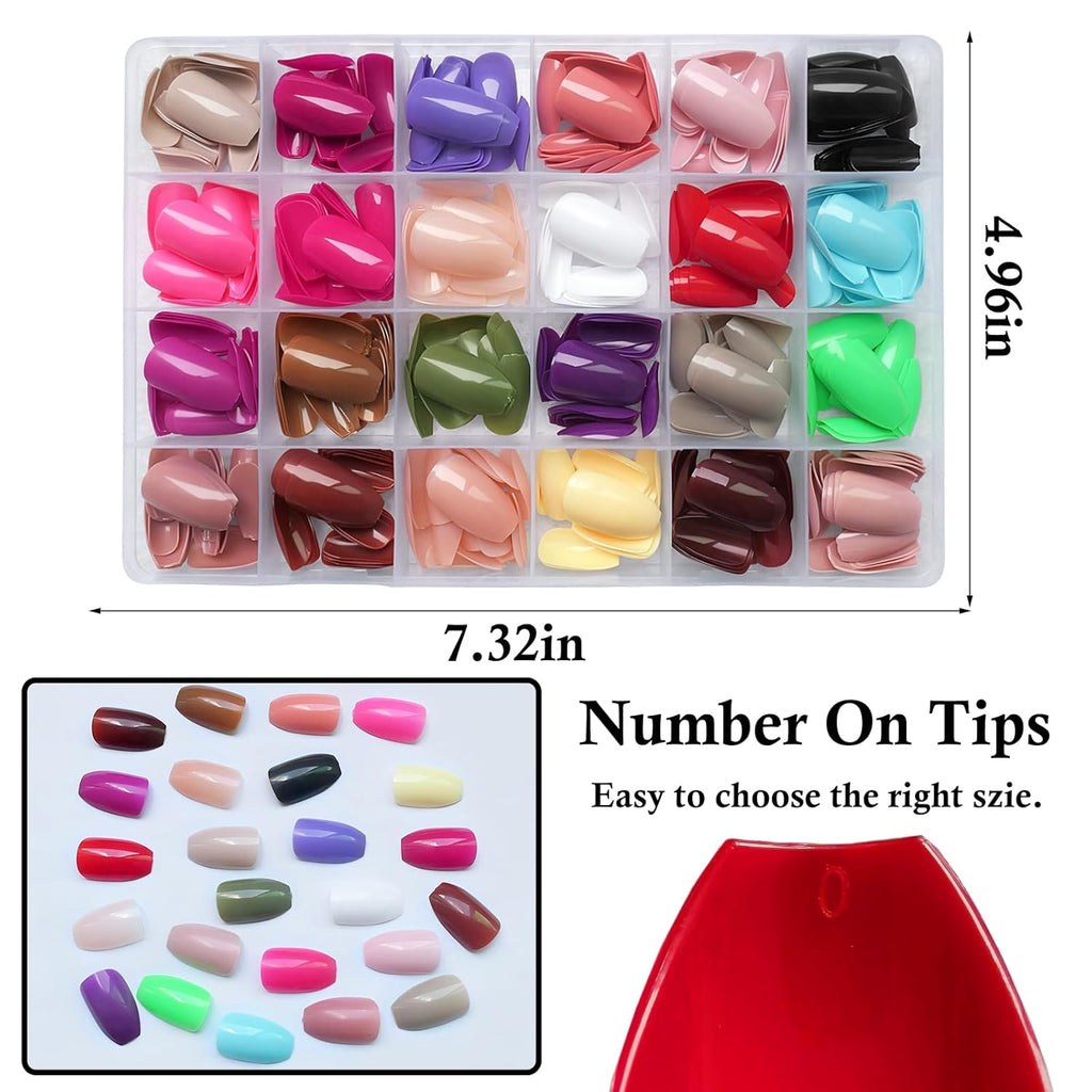 Loveoourhome 576Pc Coffin Press on Nails Short Fake Nails with Glue Tab, Short Acrylic Nails Press on Nail Coffin Glue on Nail Full Cover Ballerina Artificial False Fingernail for Women Girls