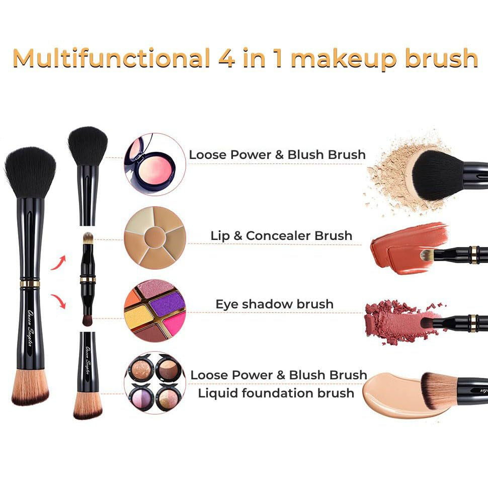 4 in 1 Professional Liquid Foundation Makeup Brush Set,Travel Makeup Set with Case, Powder Foundation, Concealer,Eyeshadow Brush, Dual Ended Makeup Brush for Liquid,Cream,Powder